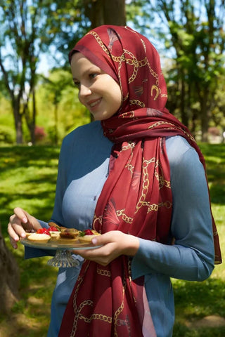 Ebrar Taş Hyper Zincir Desen Şal - Kırmızı