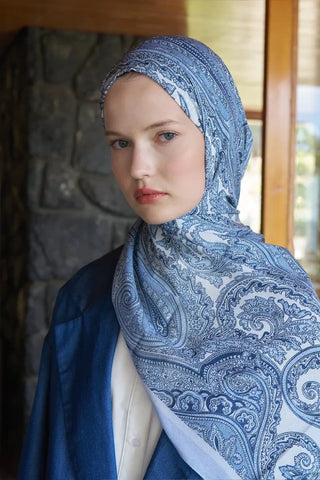 Fransız İpeği Saray Desen Şal - Açık Mavi