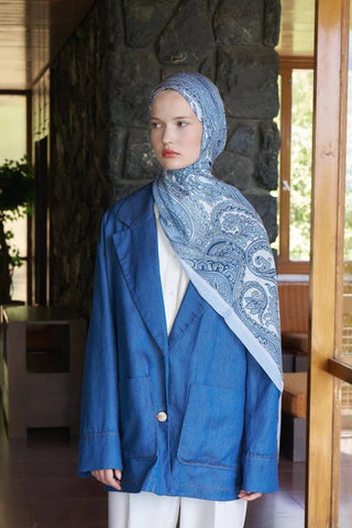 Fransız İpeği Saray Desen Şal - Açık Mavi