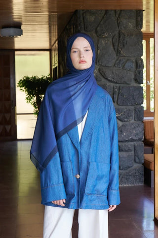 Fransız İpeği Degrade Desen Şal - Lacivert