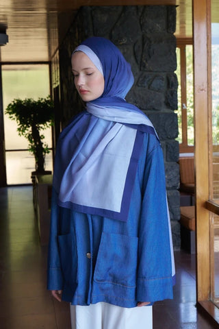 Beyza HURİ Fransız İpeği Degrade Desen Şal - Mavi