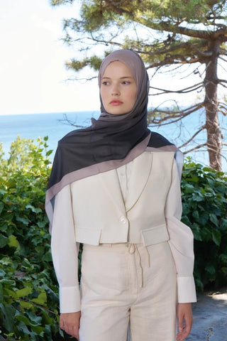 Fransız İpeği Degrade Desen Şal - Siyah / Vizon