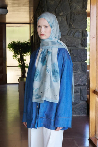 Fransız İpeği Ahenk Desen Şal - Açık Mavi