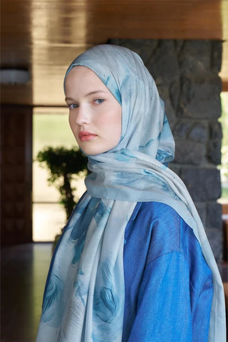 Fransız İpeği Ahenk Desen Şal - Açık Mavi