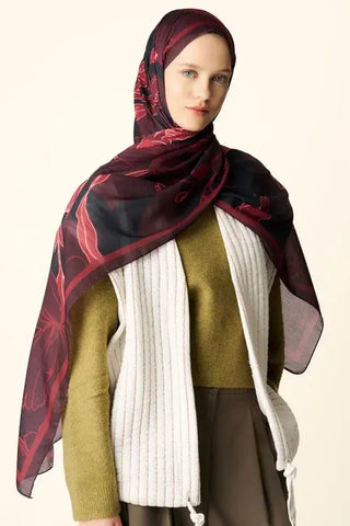 Amora Desenli Pamuk Dokulu Şal - Bordo