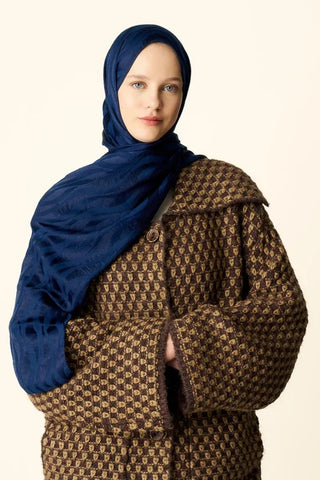 Premium Jakar Şal Dalga Desen - Gece Mavisi