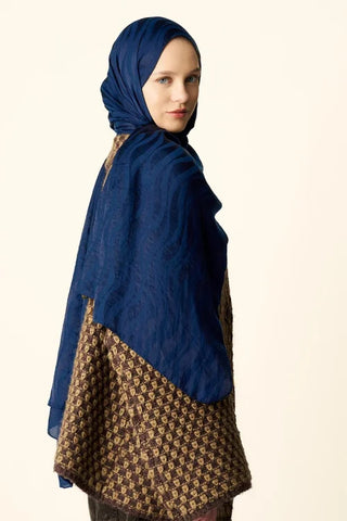 Premium Jakar Şal Dalga Desen - Gece Mavisi