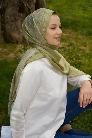 Elegance Etnik Desen Jakar Şal - Yağ Yeşili