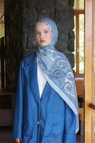 Fransız İpeği Saray Desen Şal - Açık Mavi