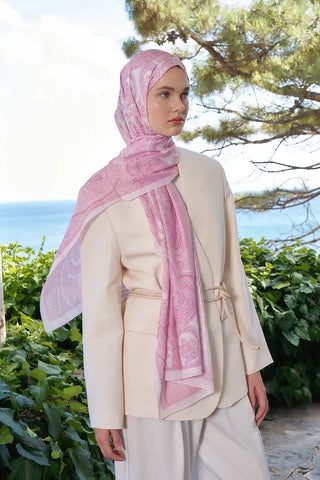 Tuğba BAĞ Fransız İpeği Saray Desen Şal - Pembe