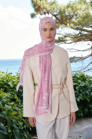 Tuğba BAĞ Fransız İpeği Saray Desen Şal - Pembe