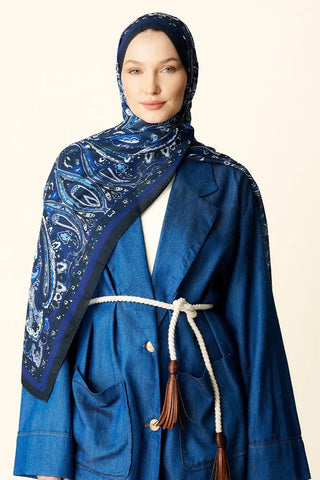 Katre Desenli Pamuk Dokulu Şal - Lacivert