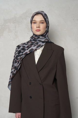 Leopar Desenli Pamuk Dokulu Şal - Gri