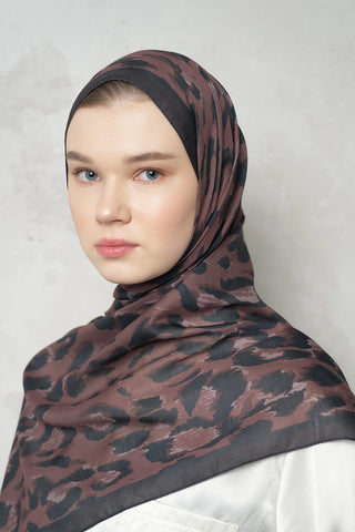 Leopar Desenli Pamuk Dokulu Şal - Kahverengi