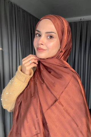 Naiya Jakar Şal Line Desen - Kızıl Kahve