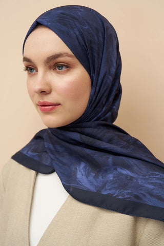 Peony Desen İtalyan İpeği Şal - Lacivert