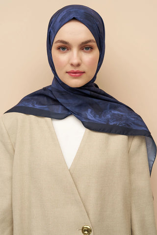 Peony Desen İtalyan İpeği Şal - Lacivert