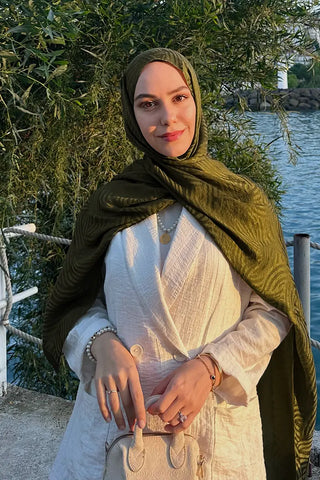 Premium Glow Jakar Şal Çizgi - Yağ Yeşili