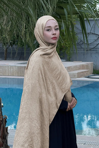 Premium Glow Jakar Şal Yaprak - Bej