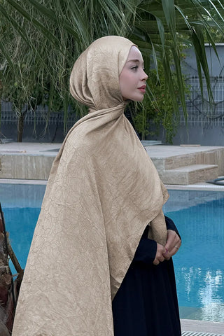 Premium Glow Jakar Şal Yaprak - Bej