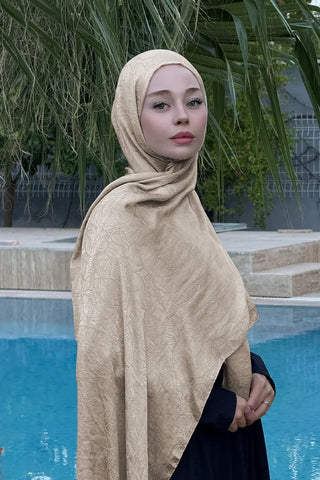 Premium Glow Jakar Şal Yaprak - Bej