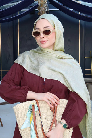 Premium Glow Jakar Şal Yaprak - Soft Yeşil