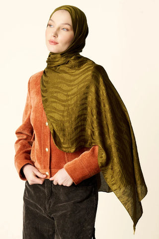 Premium Jakar Şal Dalga Desen - Yağ Yeşili