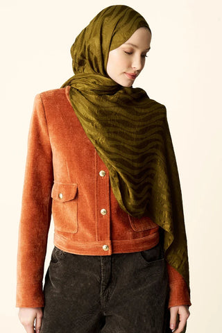 Premium Jakar Şal Dalga Desen - Yağ Yeşili