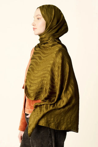 Premium Jakar Şal Dalga Desen - Yağ Yeşili