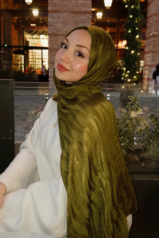 Premium Jakar Şal Dalga Desen - Yağ Yeşili