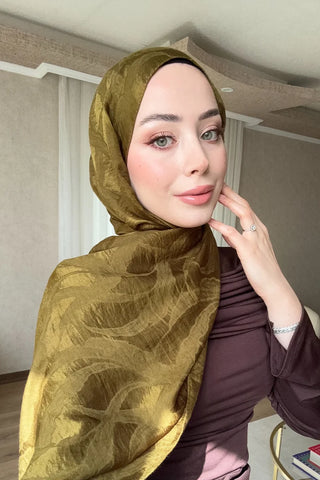 Premium Jakar Şal Sarmaşık Desen - Yağ Yeşili