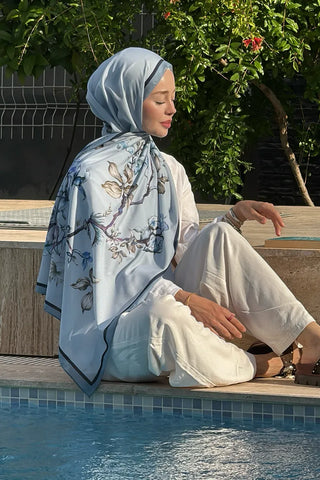 Sage Desen İtalyan İpeği Şal - Mavi