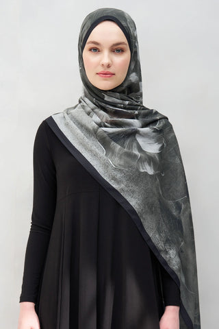 Zambak Desen Tensel Şal - Siyah